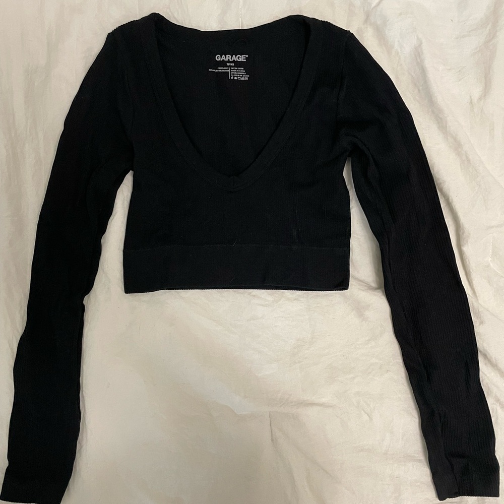 Garage Black Ribbed V-Neck Long Sleeve Crop Top
